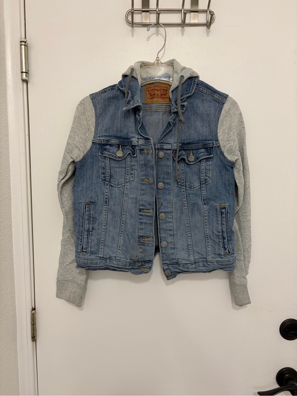 Levi's Light Blue Denim Jacket with Gray Hoodie Sleeves